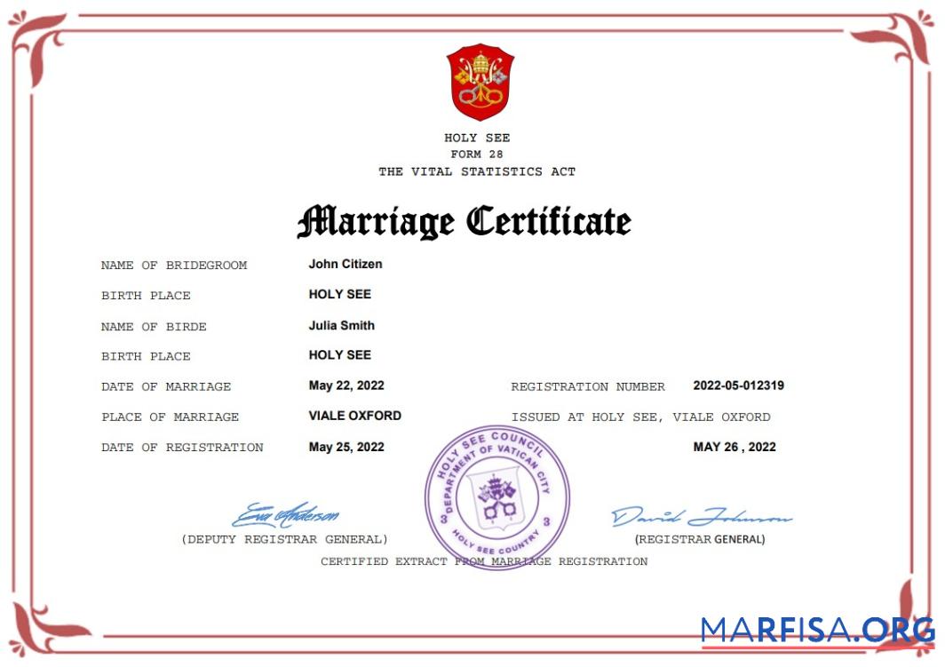 Blank Holy See marriage certificate Word and PDF template